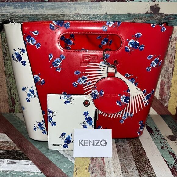 KENZO Paris Floral Leather Handbag Inside Removable Velvet Bag Coin Purse Red - Picture 1 of 12